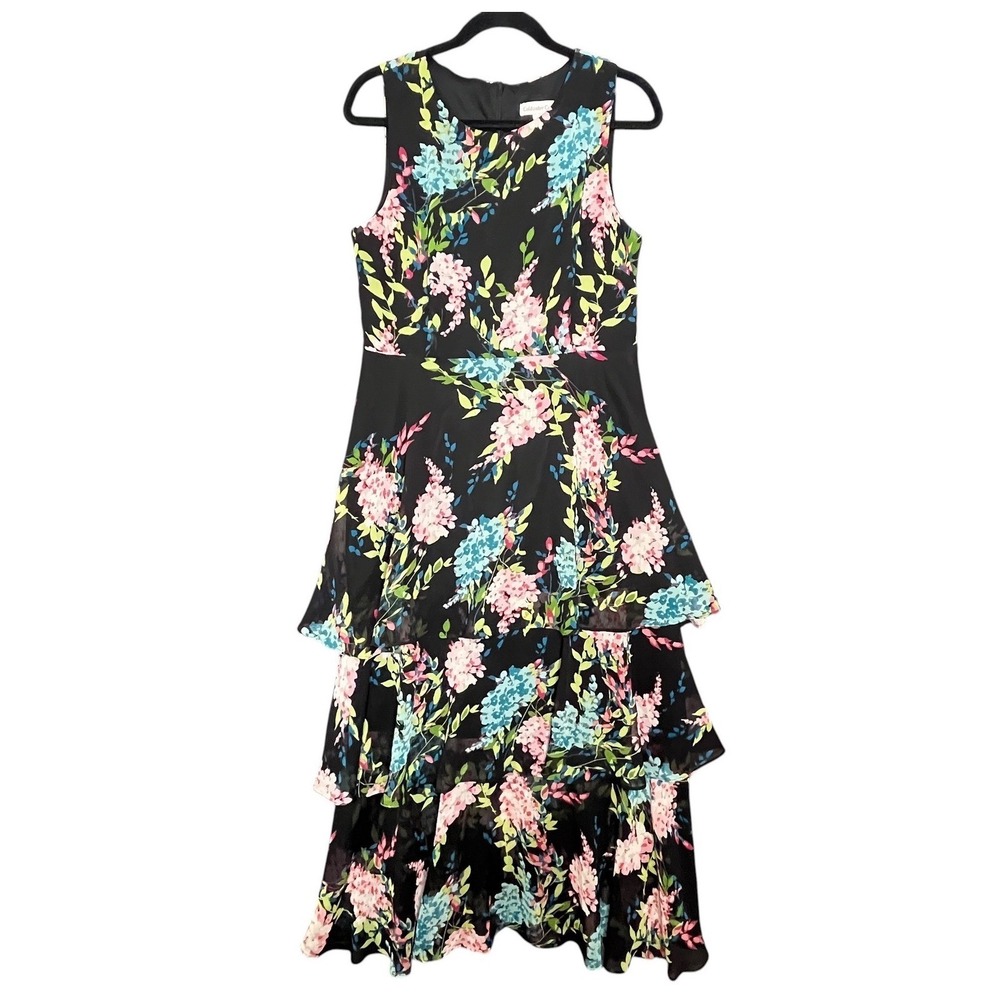 Coldwater Creek Floral Tiered Maxi Dress‎ Chiffon Sleeveless Sz 10 Dark Romantic